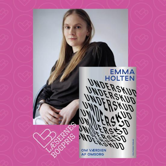 Emma Holten fotograferet af Claudia Vega. Læsernes Bogpris logo. Forsiden til "Underskud".