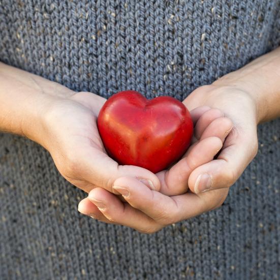 Hænder holder et rødt hjerte.