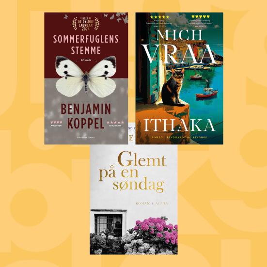 De tre mest lånte bøger for voksne. "Sommerfuglens stemme", "Ithaka" og "Glemt på en søndag"