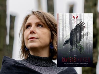 Portræt af forfatter Malene Sølvsten og bogforsiden til "Ravnens Hvisken". Fotograf: Sara Galbiati