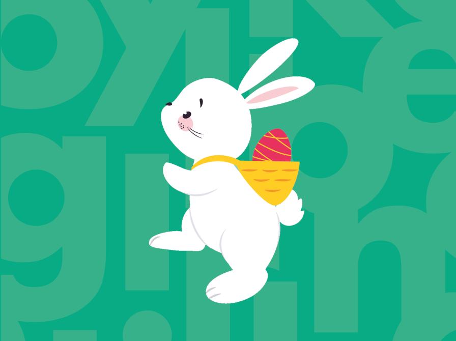 En sød hvid påskehare går afsted med en kurv på ryggen på en grøn baggrund.