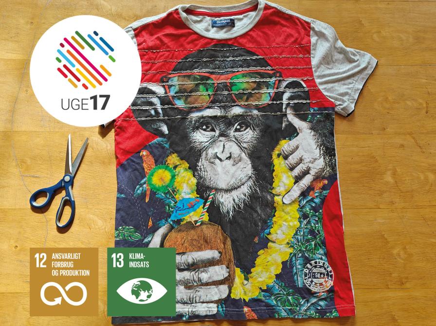 T-shirt med abe på og saks. UGE17 logo. Verdensmål 12 og 13.