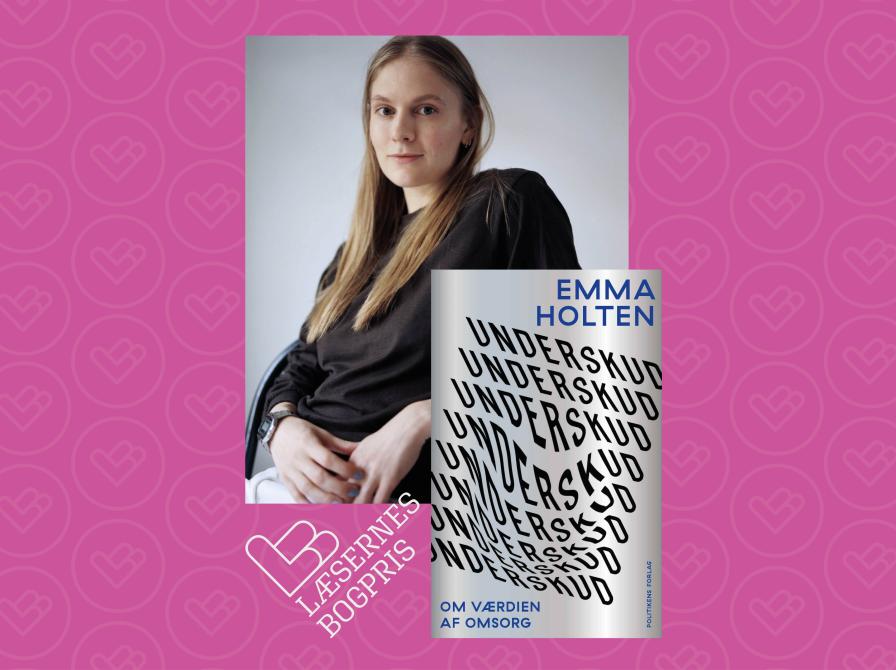 Emma Holten fotograferet af Claudia Vega. Læsernes Bogpris logo. Forsiden til "Underskud".