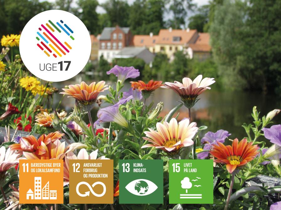 Blomster i Nyborg. Uge 17 logo. Verdensmål 11, 12, 13 og 15.