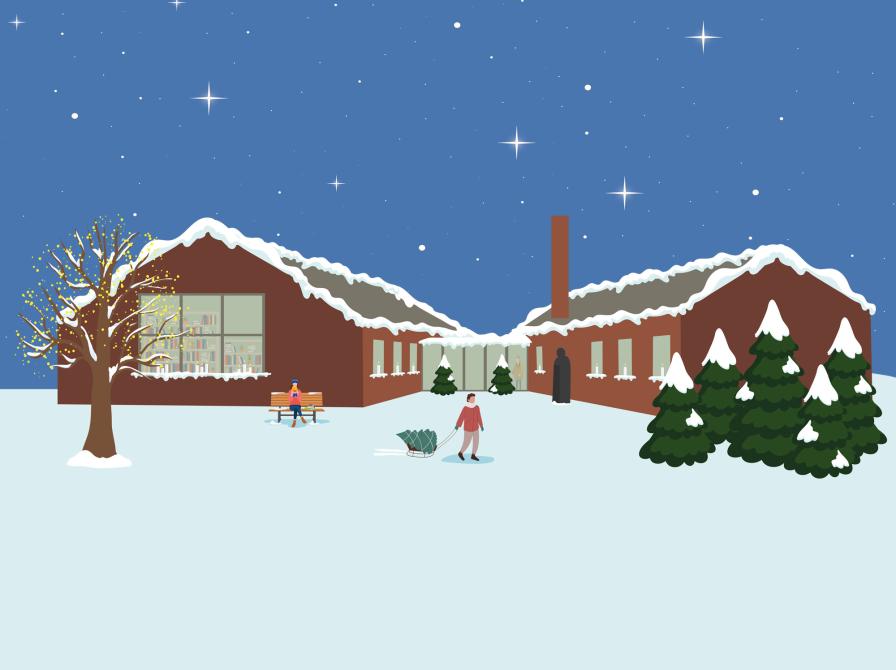 Illustration af Nyborg Bibliotek med sne.