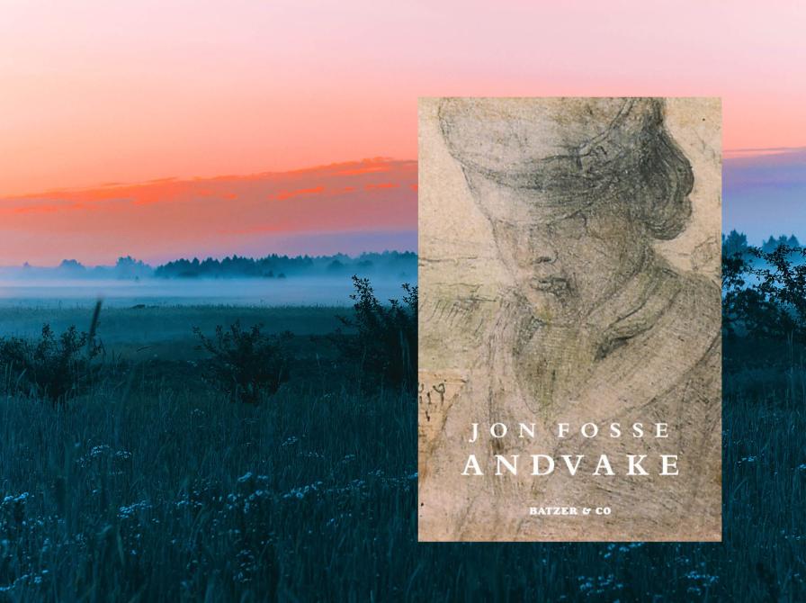 Bogforsiden til Jon Fosses Andvake og en mark ved skumringstid.