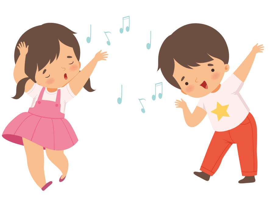 Illustration med to børn der synges og danser af glæde.