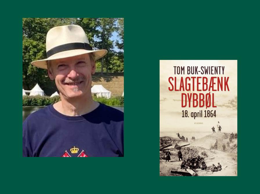 Portræt af Michael Gertsen og bogforside til Slagtebænk Dybbøl