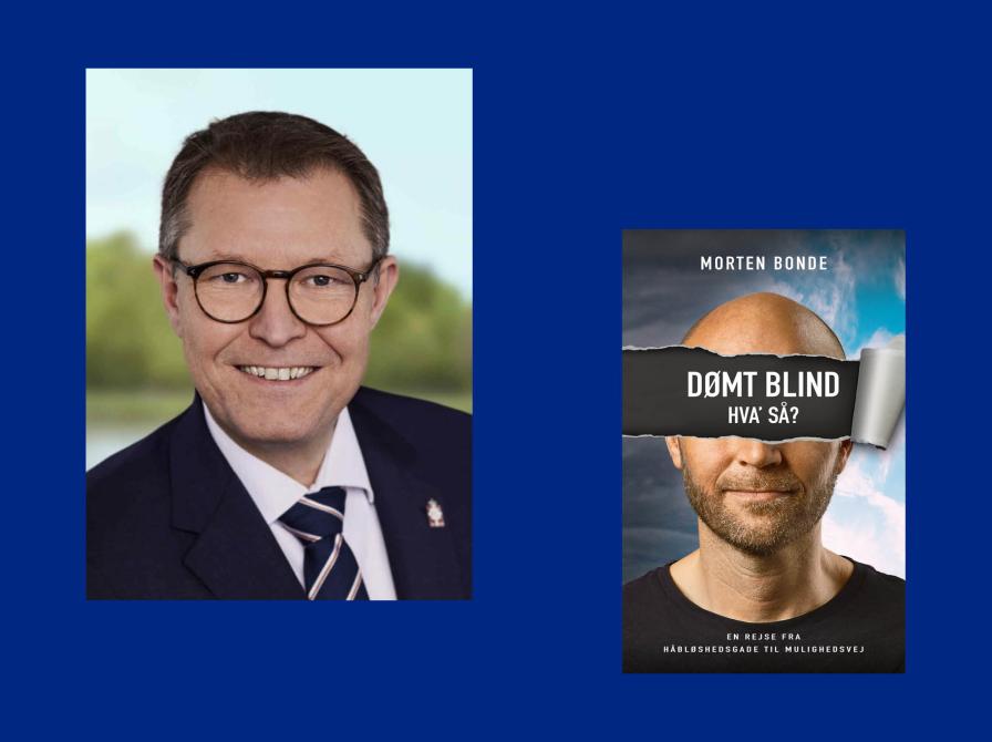 Portræt af Kenneth Muhs og bogforside til Dømt Blind Hva’ så?